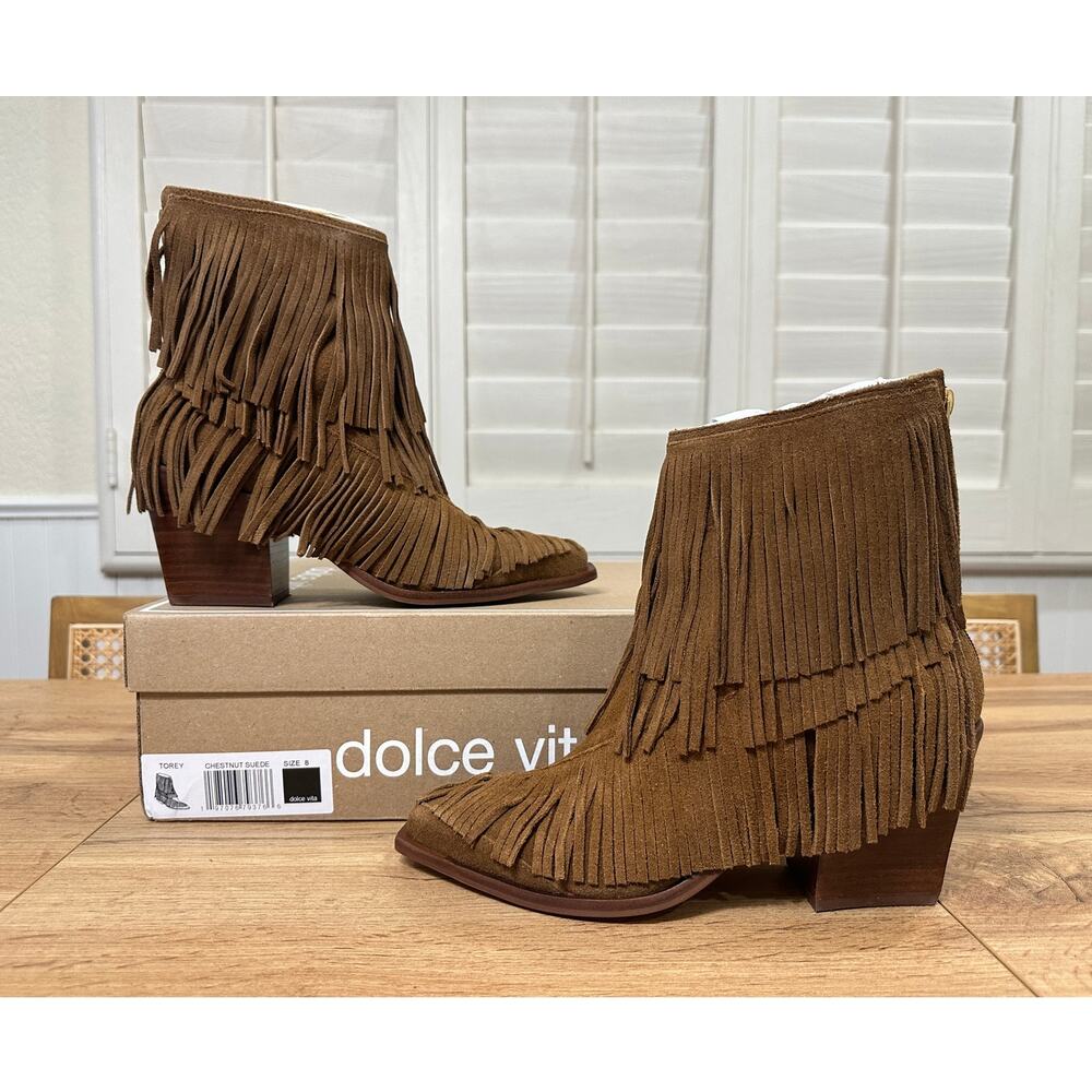 Dolce Vita Torey Boots Chestnut Suede Size 8 NIB Tiered Fringe Western Inspired - Picture 9 of 16
